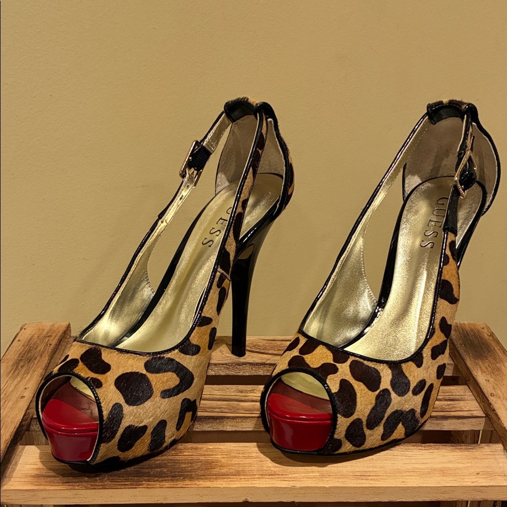 Guess Leopard Print Peep Toe Heels - Red and Tan - Picture 3 of 9